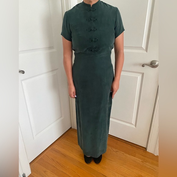 Vintage Monsoon Silk Maxi Full Length Oriental Style Green Dress Lined Sz 8 - Picture 1 of 9